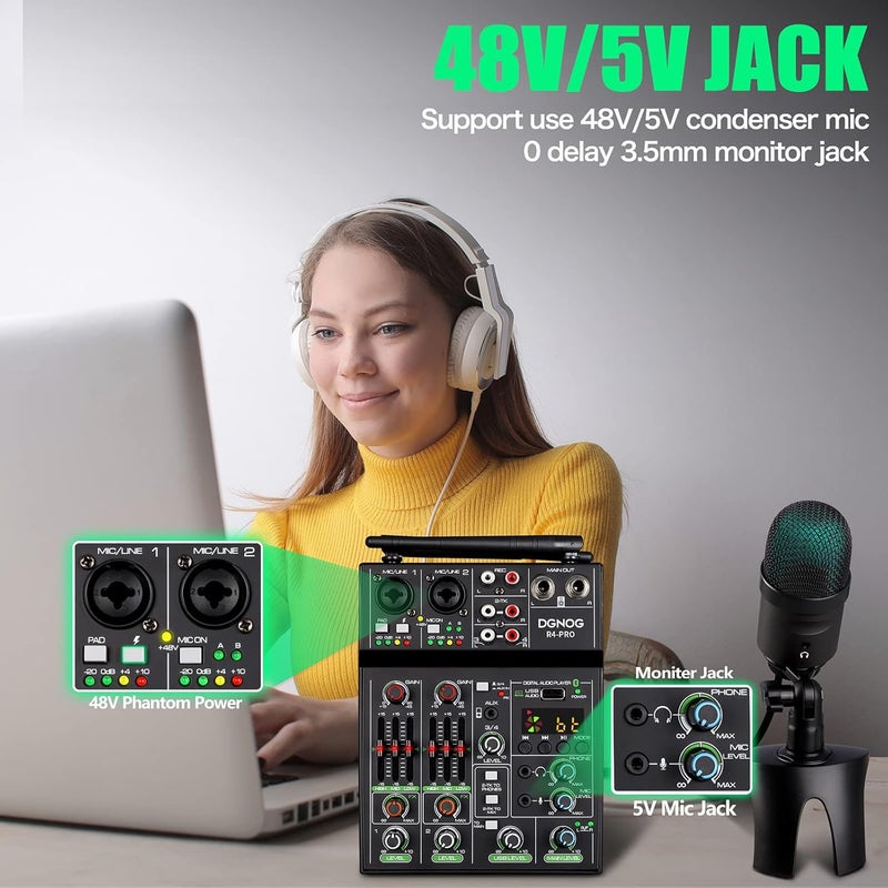 DGNOG Professional Audio Mixer, 4 Channel Sound Mixer With Dual Wireless Mic, Sound Board Console MP3 Bluetooth 48V Phantom Power USB Interface DJ Mixing for Home Karaoke Party Computer Studio Recording - Image 2